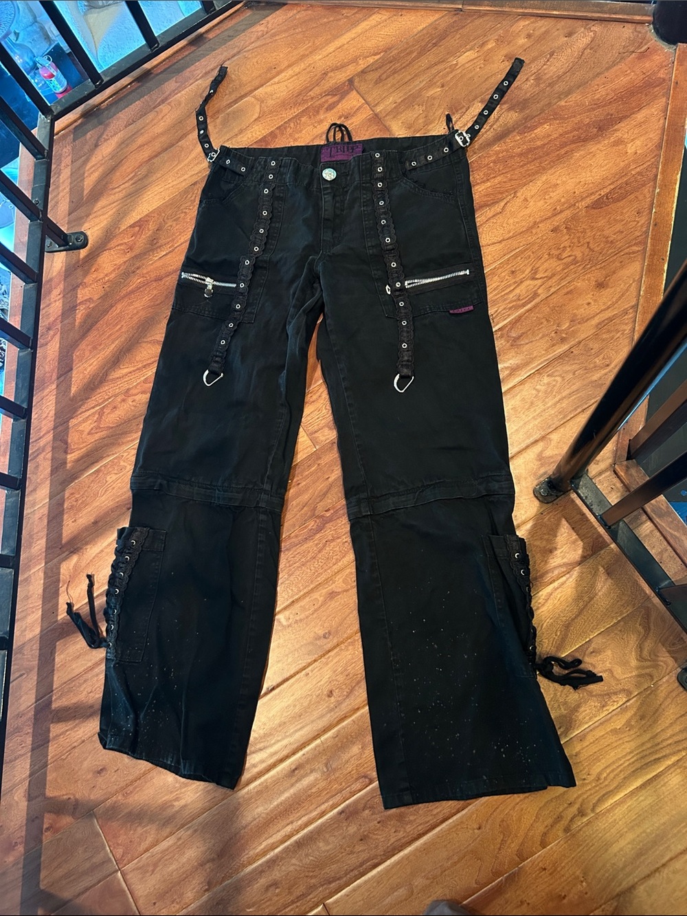 Tripp NYC Vintage Black Flare Cargo Jeans with Grommet Lacing